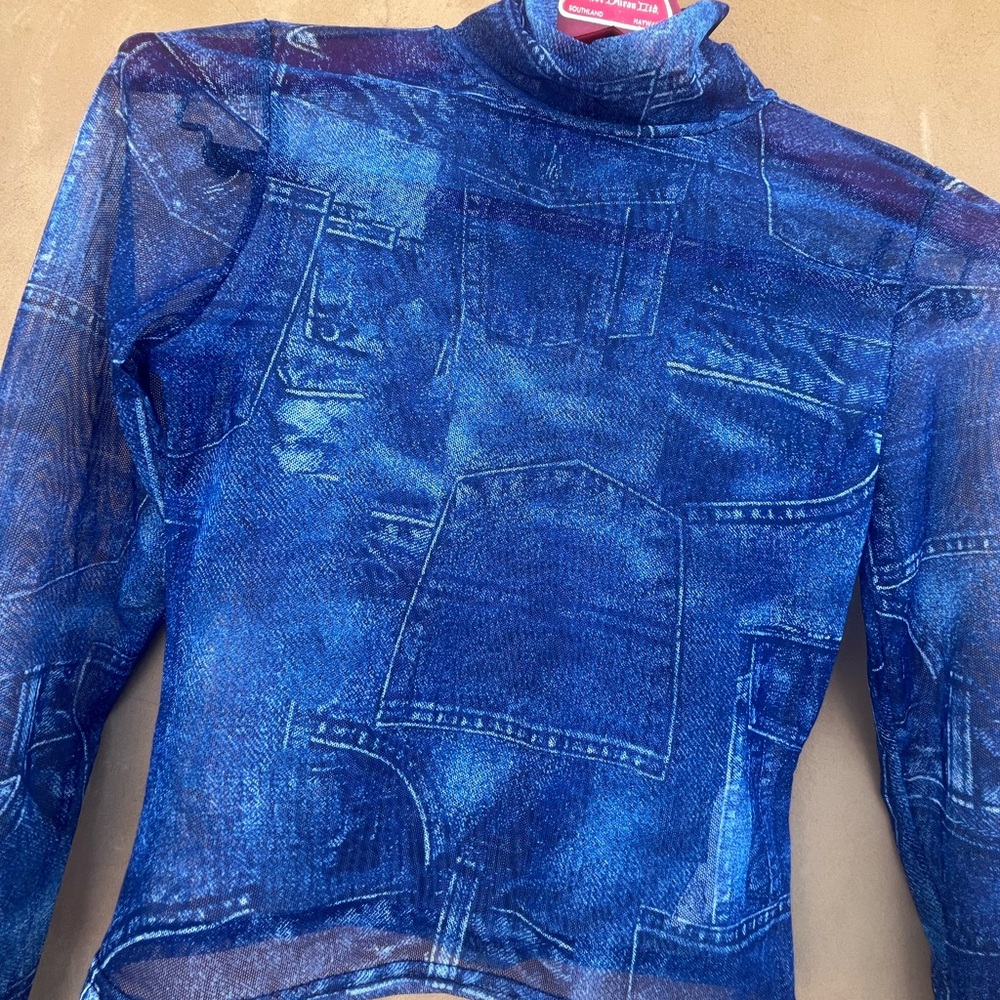 Nasty Gal Collection Sheer Long Sleeve Jean Print Top size 6